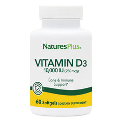 Front view of NaturesPlus Vitamin D3 10,000 IU bottle with 60 softgels