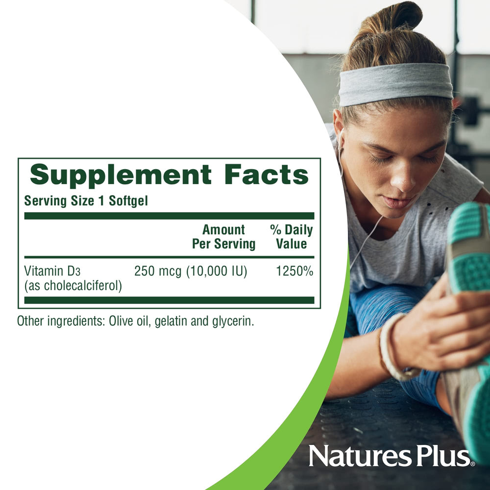 Nutrition facts and gluten-free claim on Vitamin D3 bottle