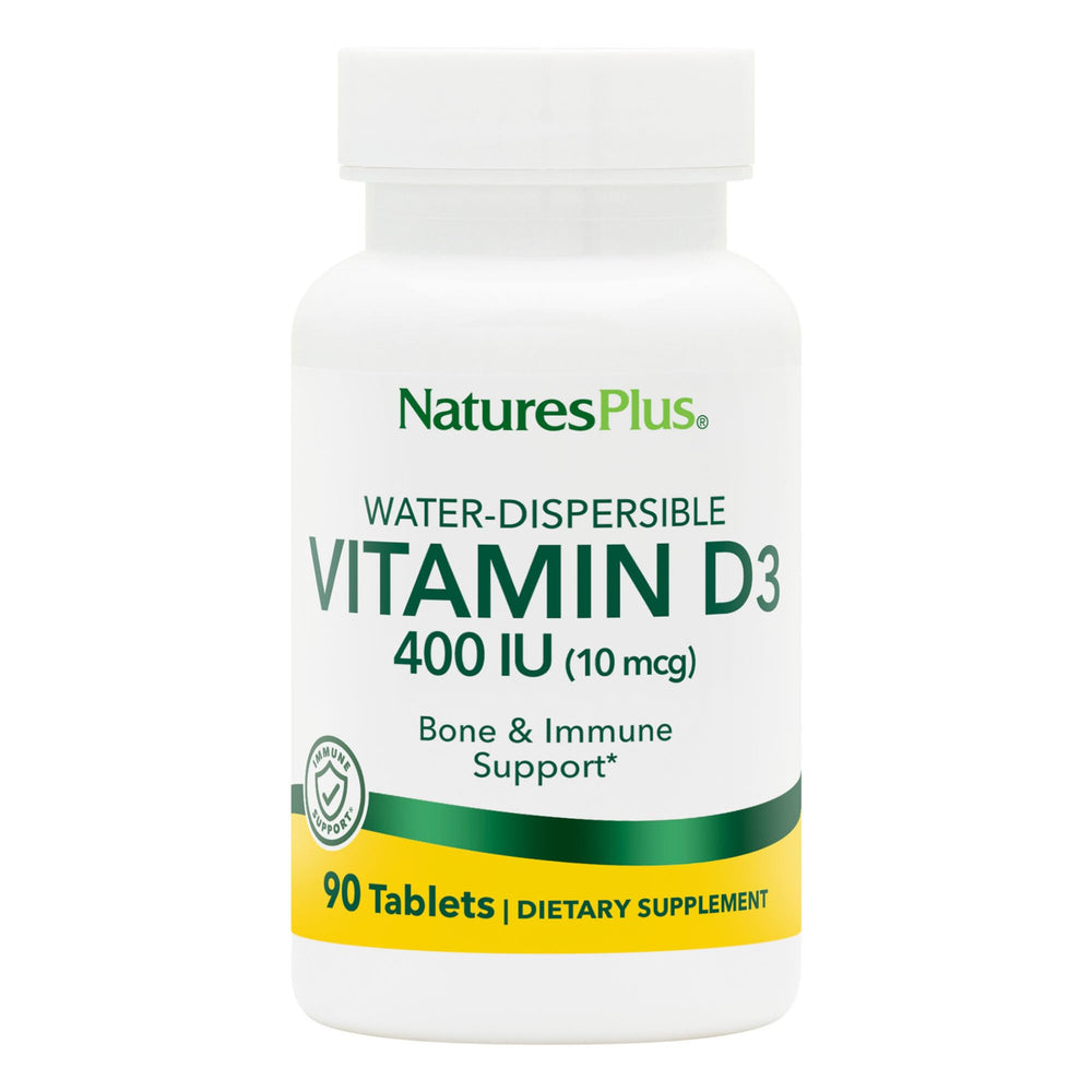 Front view of NaturesPlus Vitamin D3 400 IU bottle with 90 vegetarian tablets