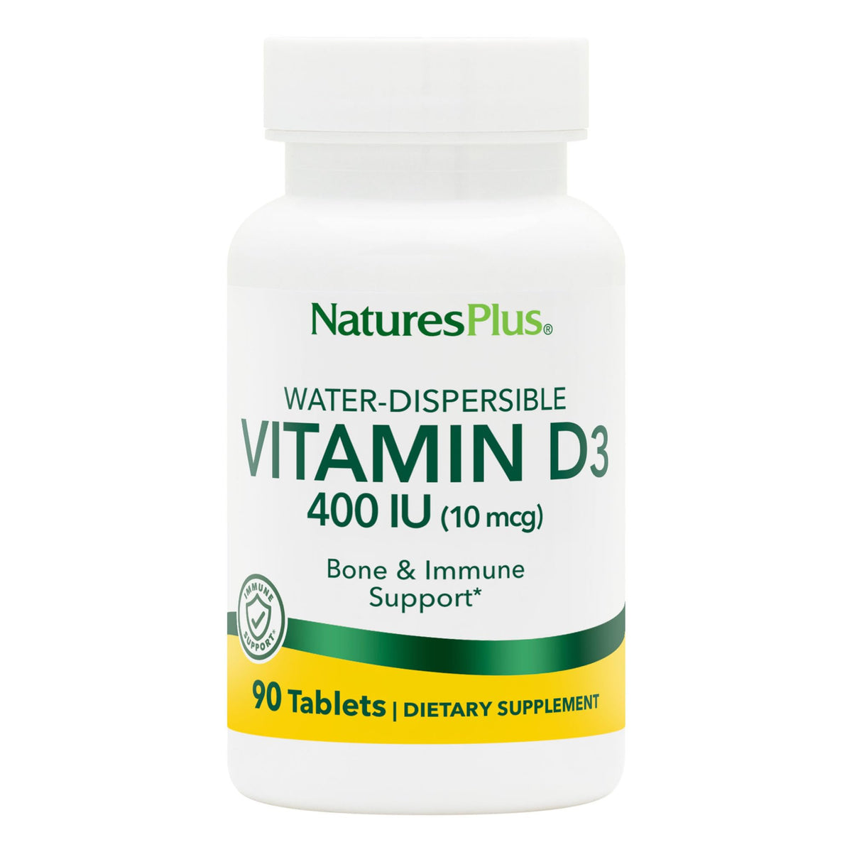 Front view of NaturesPlus Vitamin D3 400 IU bottle with 90 vegetarian tablets