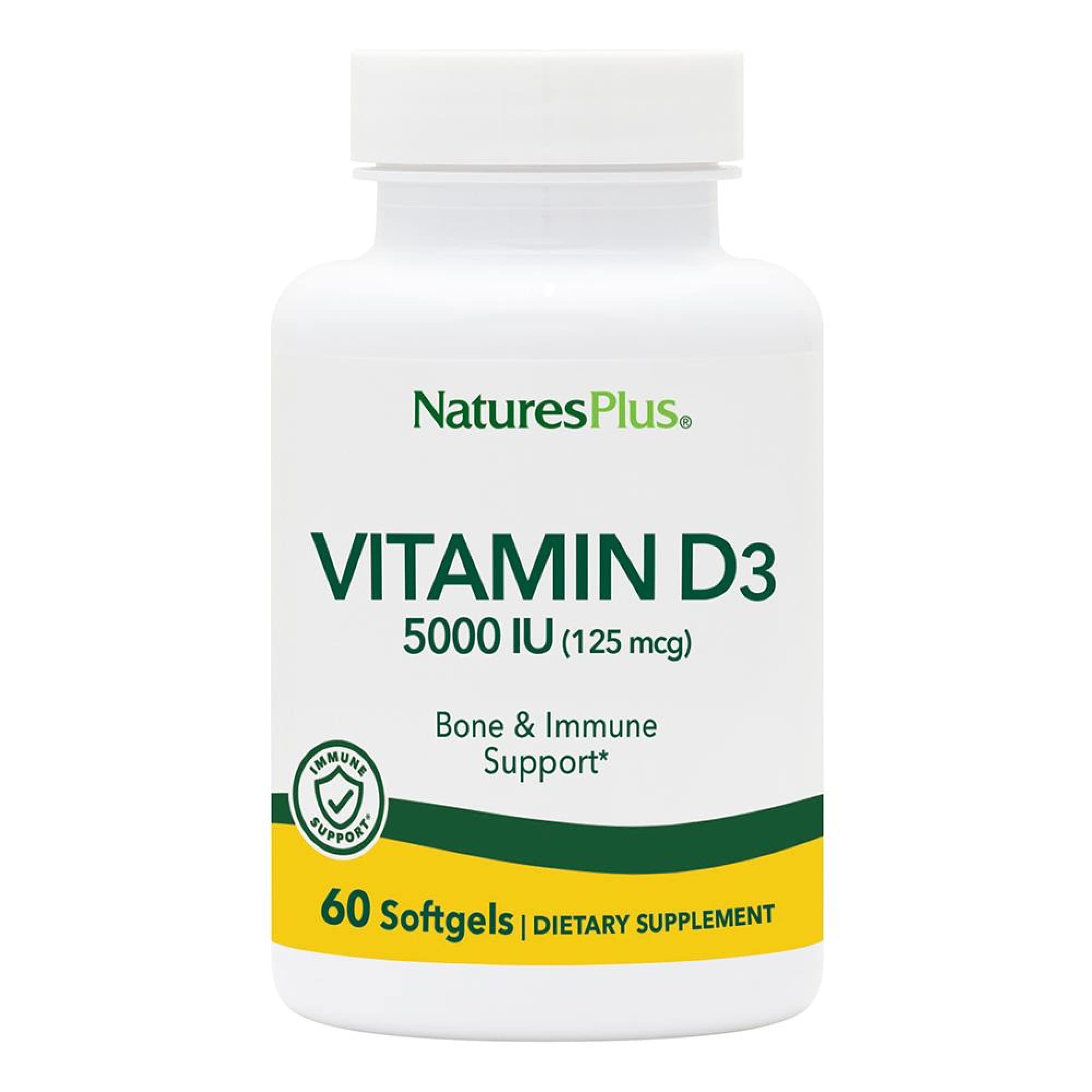 Front view of NaturesPlus Vitamin D3 5000 IU 60 softgels bottle