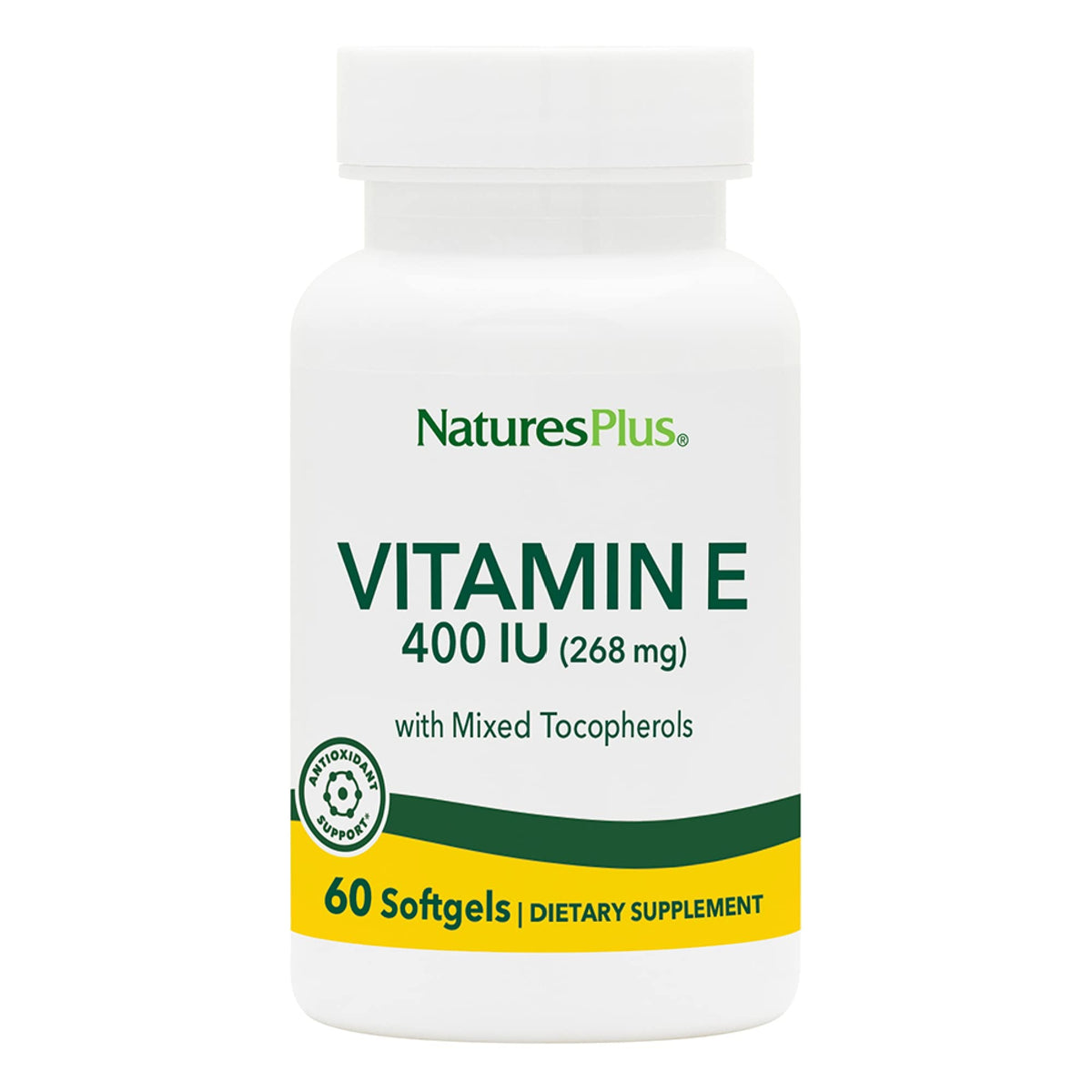 Front view of NaturesPlus Vitamin E 400 IU bottle with 60 softgels