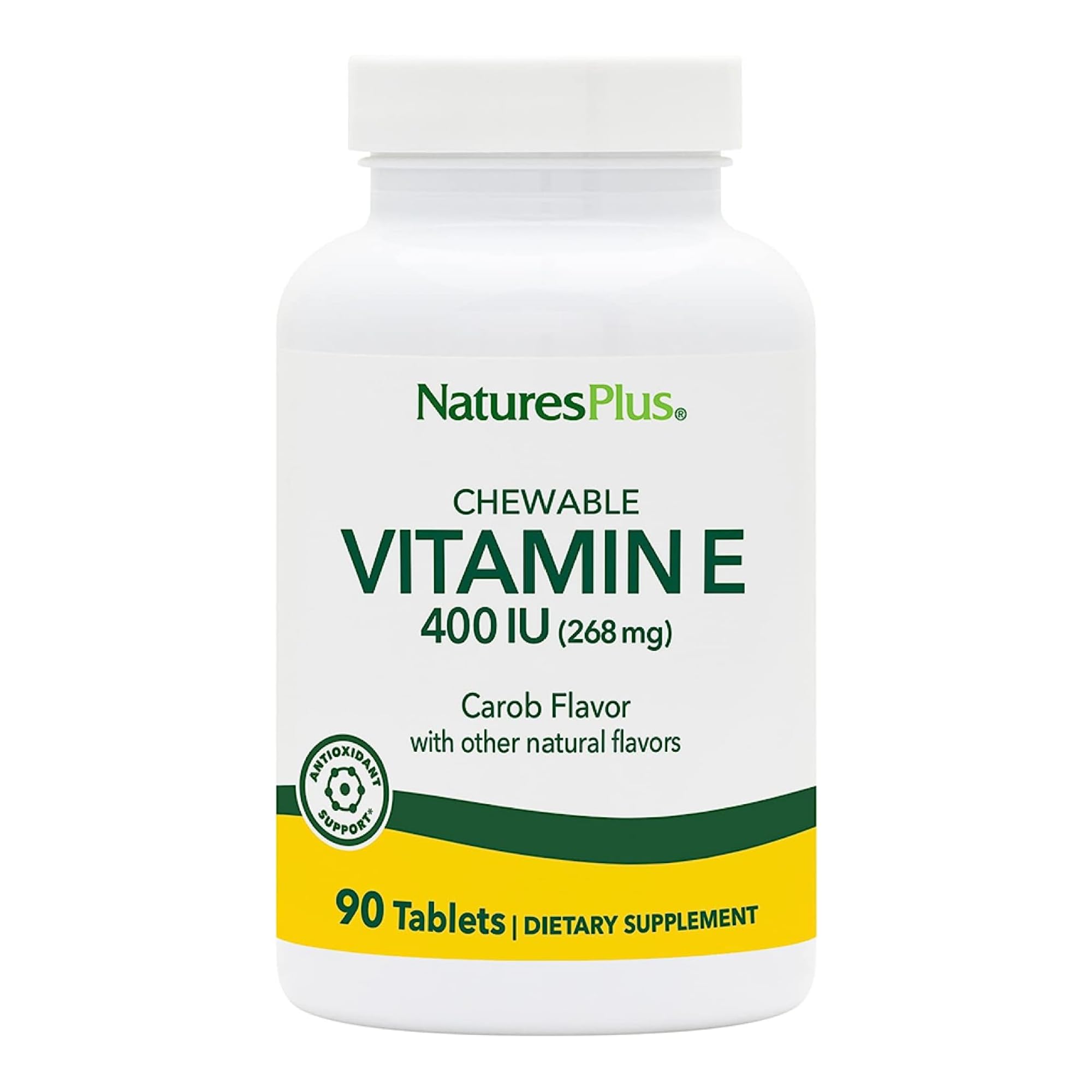 NaturesPlus Vitamin E Carob Flavor chews bottle front