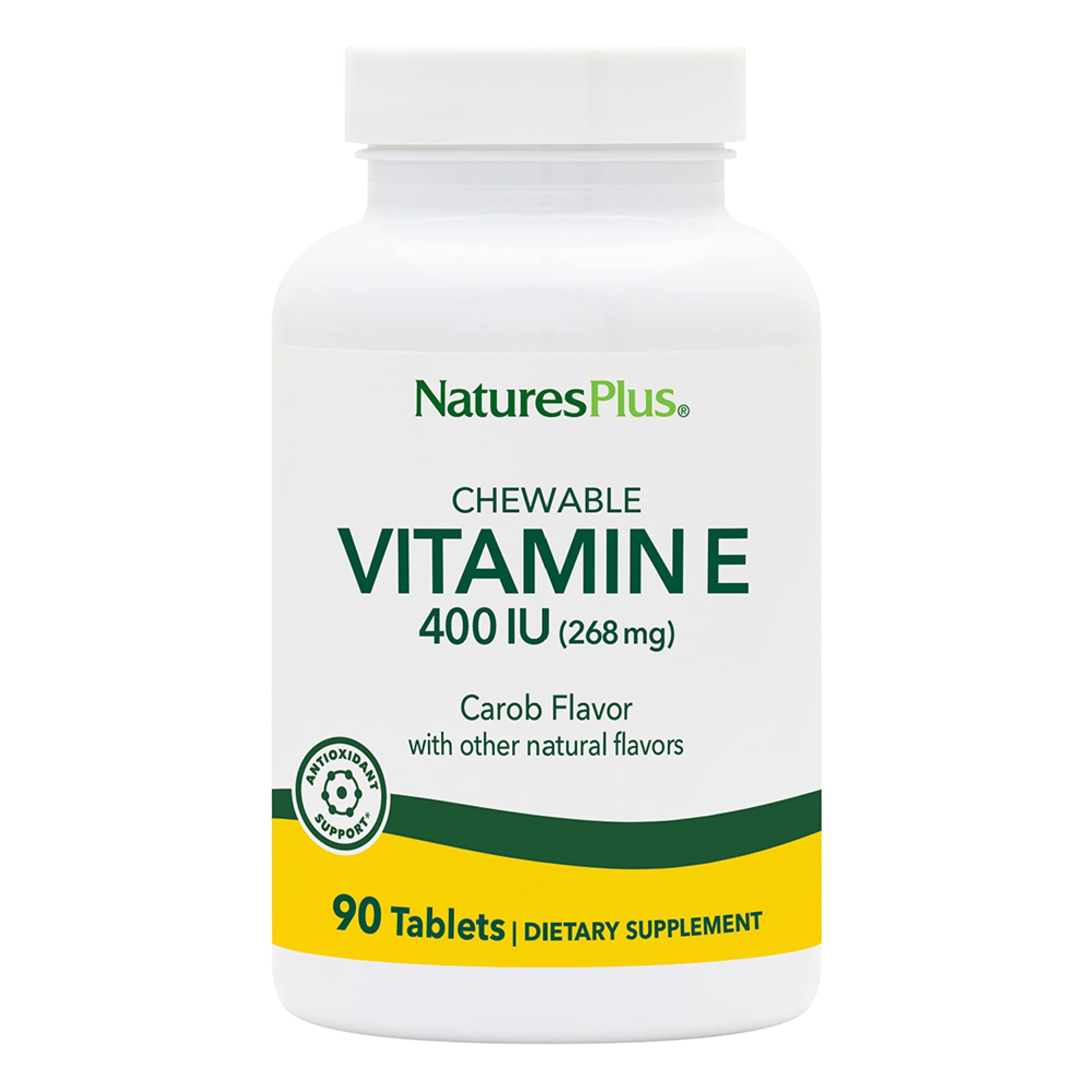 Front view of NaturesPlus Vitamin E Chewable 400 IU carob-flavored tablets bottle