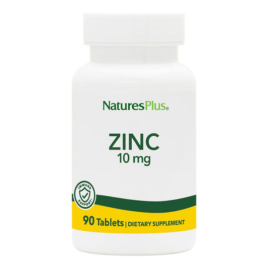 NaturesPlus Zinc Tablets bottle label showing 10 mg zinc and 90 servings
