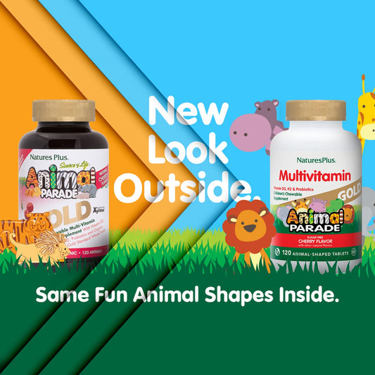 Two bottles of Animal Parade Gold children's multivitamin in cherry flavor