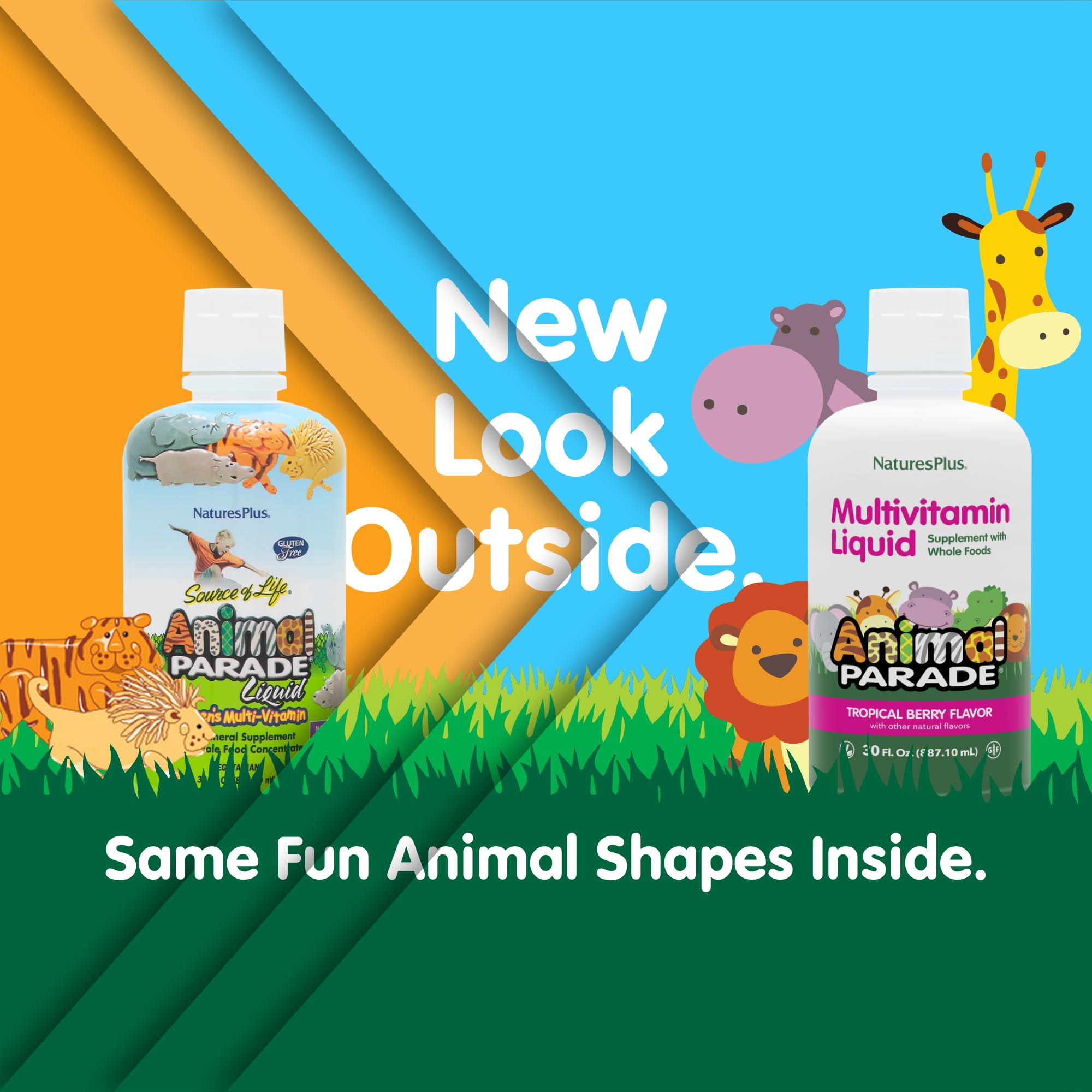 Close-up of Animal Parade Tropical Berry label on multivitamin bottle