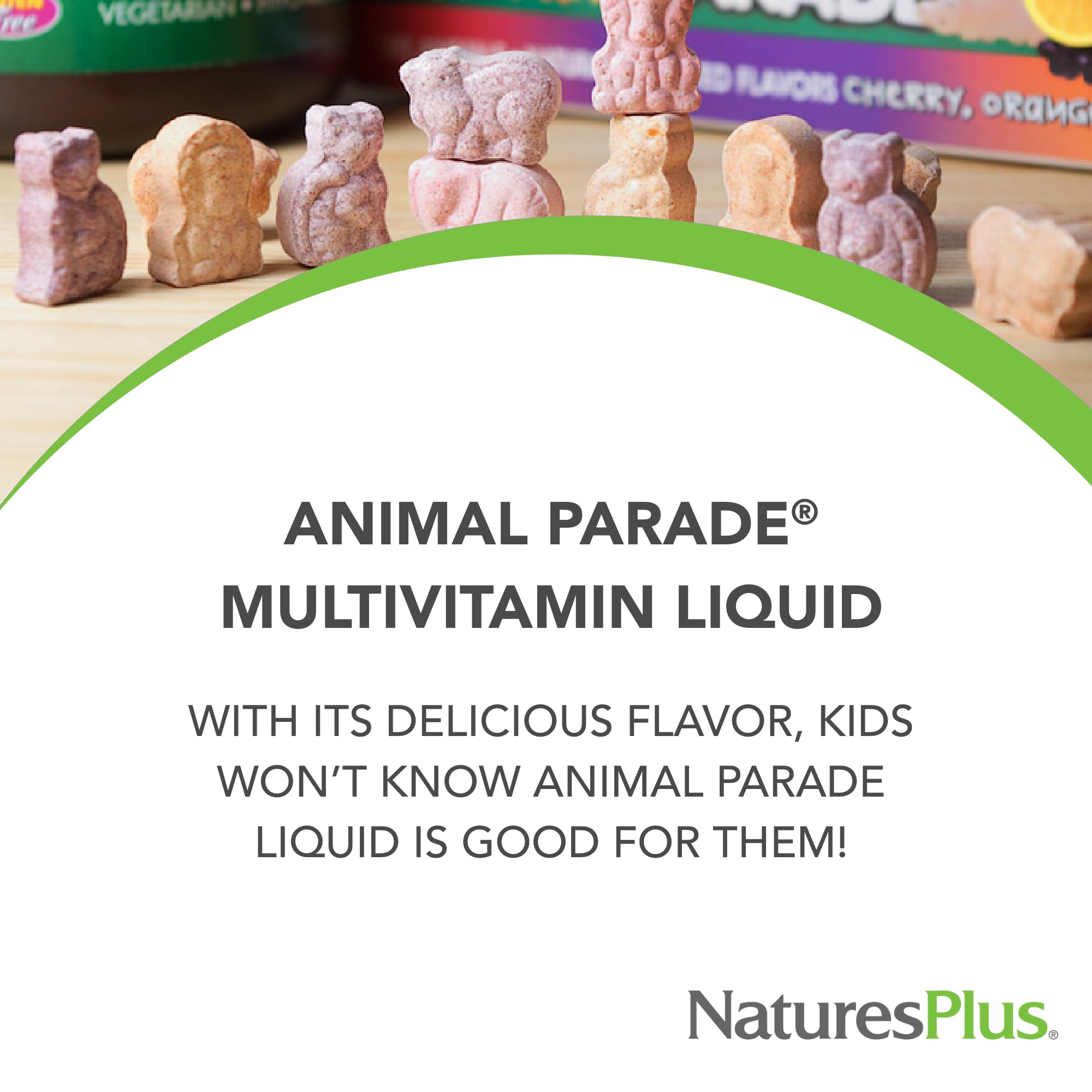 Serving of Animal Parade Tropical Berry liquid multivitamin for children