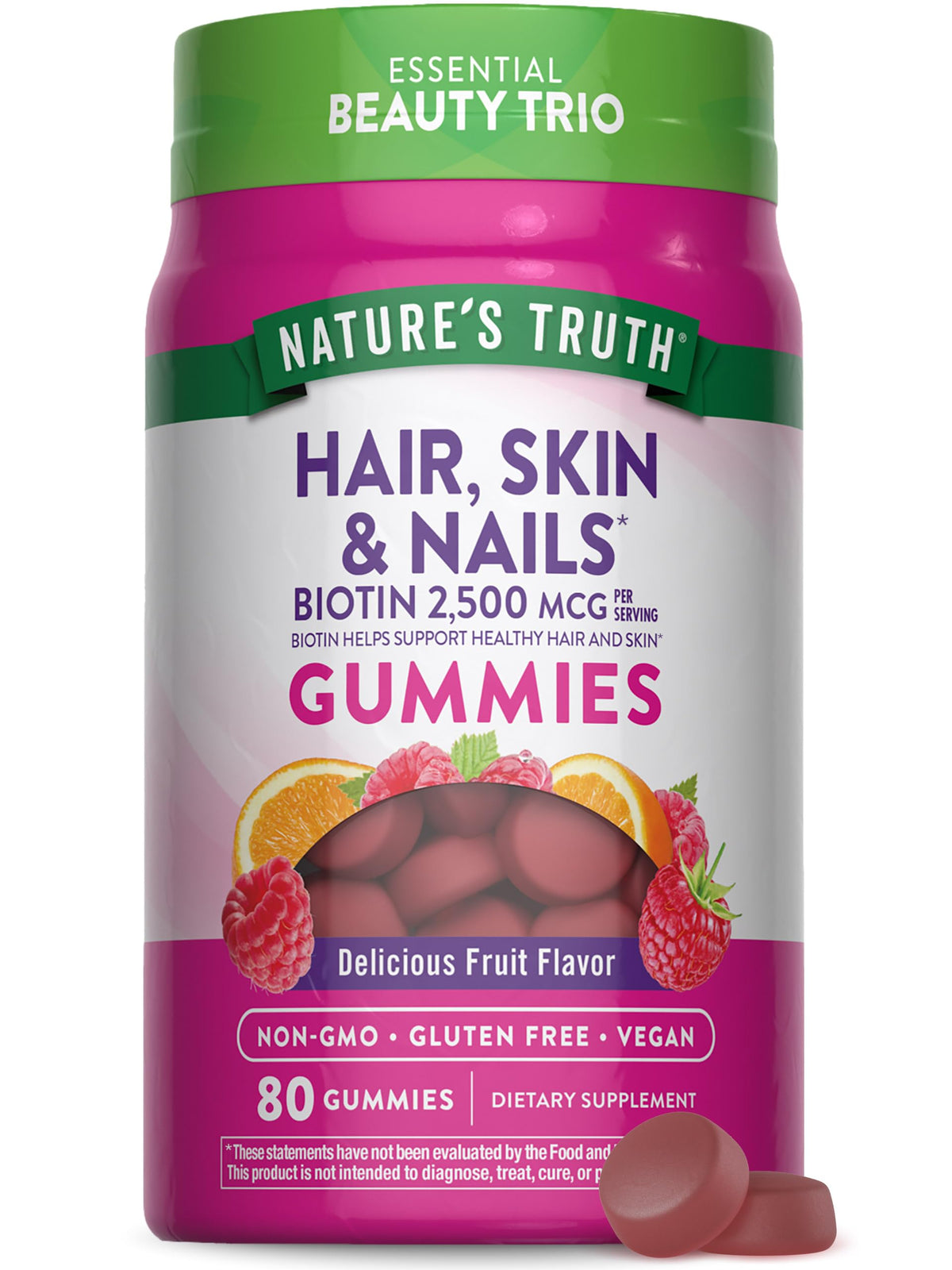Front view of Nature's Truth Hair Skin Nails Gummies bottle, 80 count