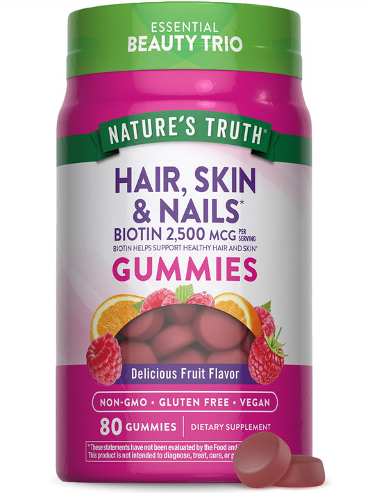 Front view of Nature's Truth Hair Skin Nails Gummies bottle, 80 count