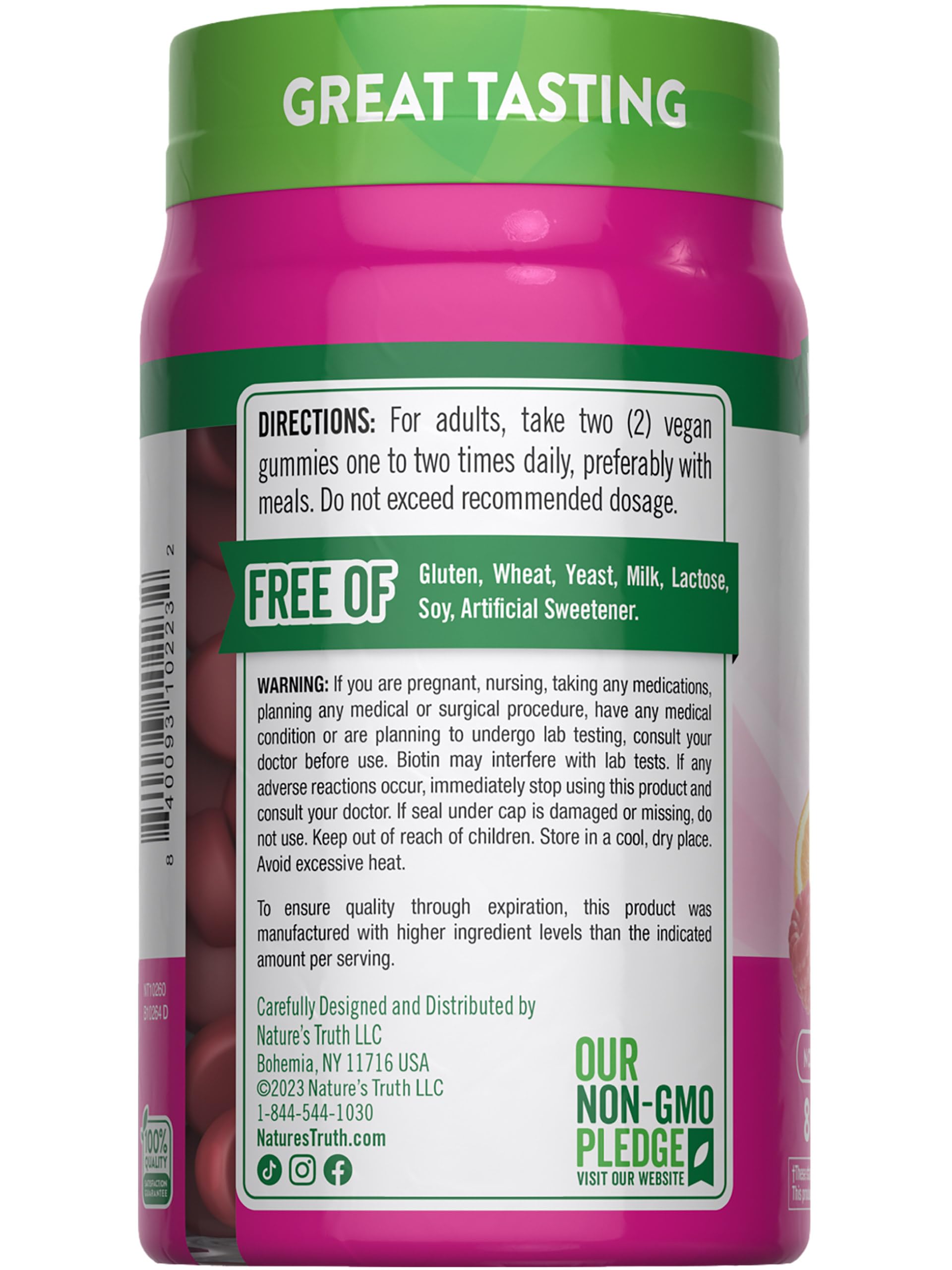 Nutrition facts panel and ingredients on Nature's Truth bottle