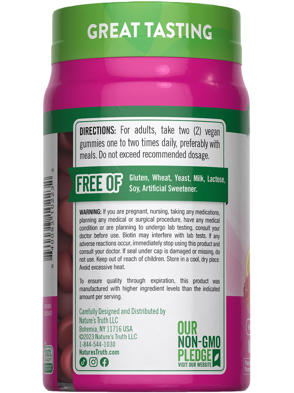 Nutrition facts panel and ingredients on Nature's Truth bottle