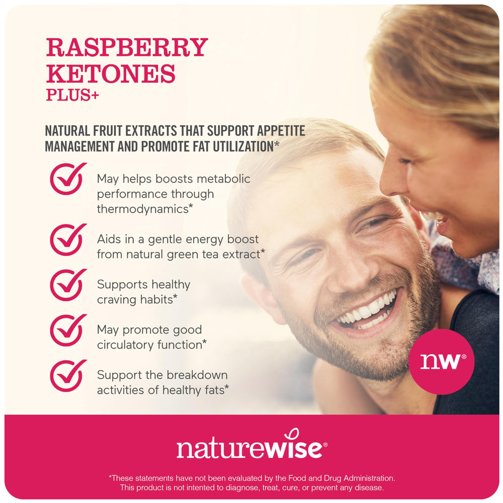 Close-up of NatureWise Raspberry Ketones Plus label