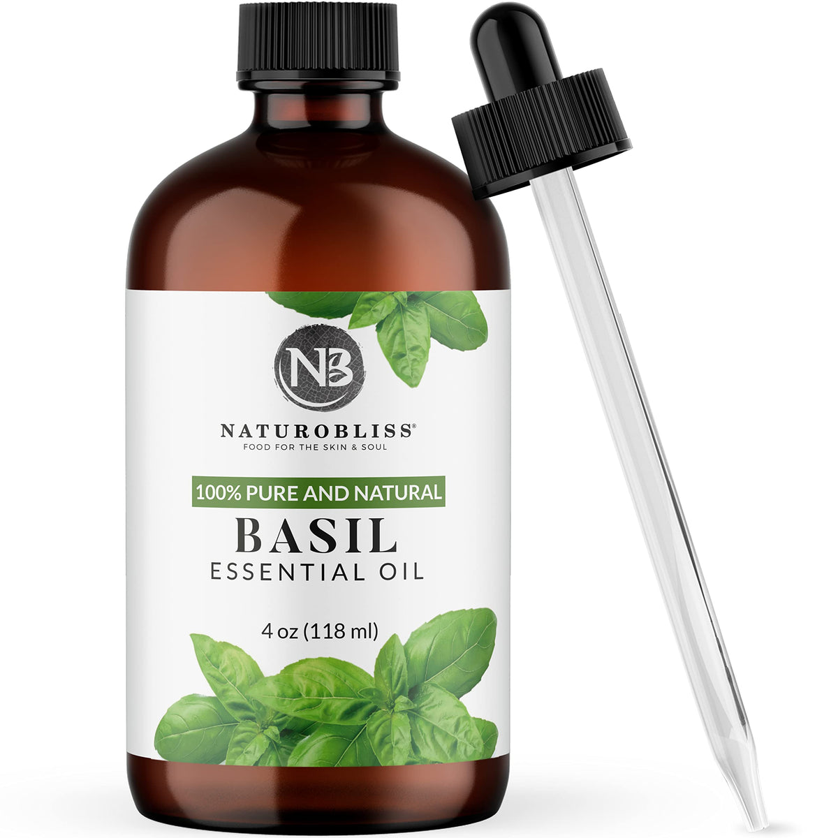 NaturoBliss Basil essential oil 4 oz in amber glass bottle with dropper
