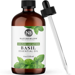 NaturoBliss Basil essential oil 4 oz in amber glass bottle with dropper