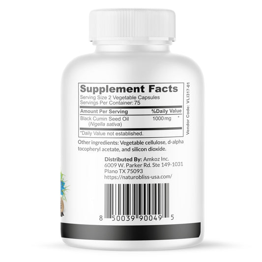 Back label of NaturoBliss black seed oil softgel bottle