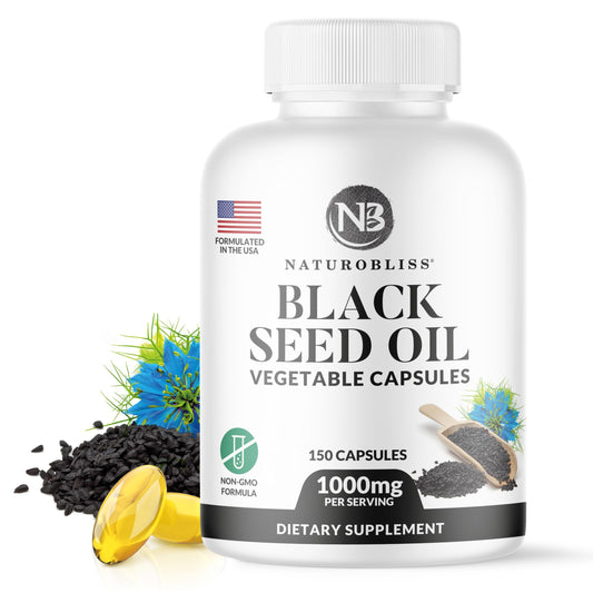 Front view of NaturoBliss black seed oil softgel bottle