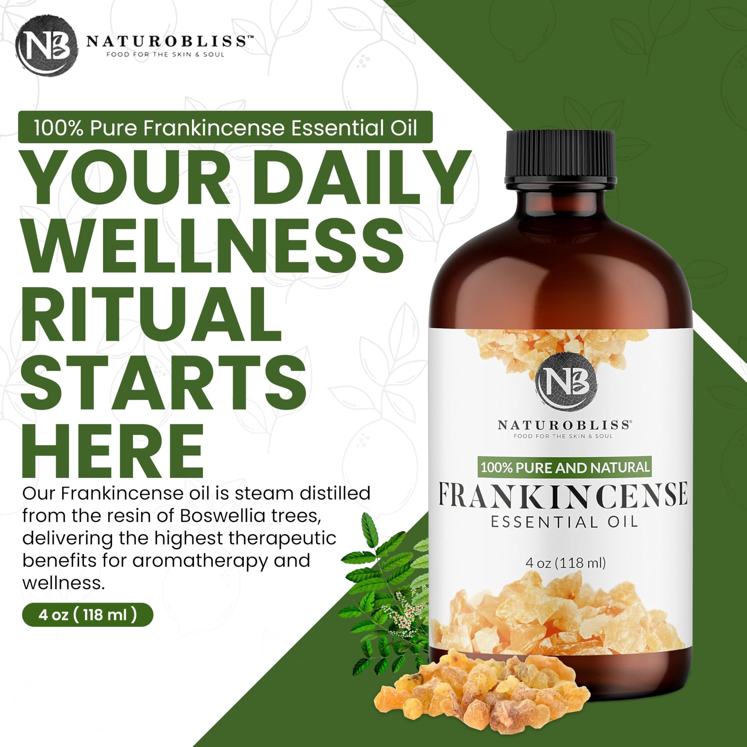 Amber glass bottle of NaturoBliss Frankincense Oil