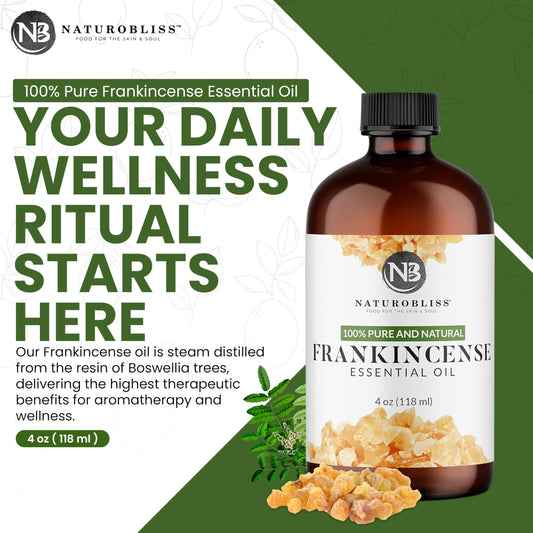Amber glass bottle of NaturoBliss Frankincense Oil