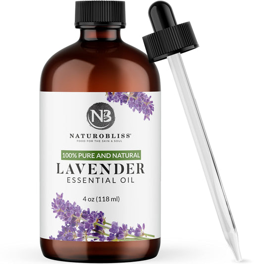 NaturoBliss 4oz lavender essential oil in amber glass bottle with dropper