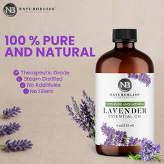 Close-up of NaturoBliss lavender oil label on amber bottle