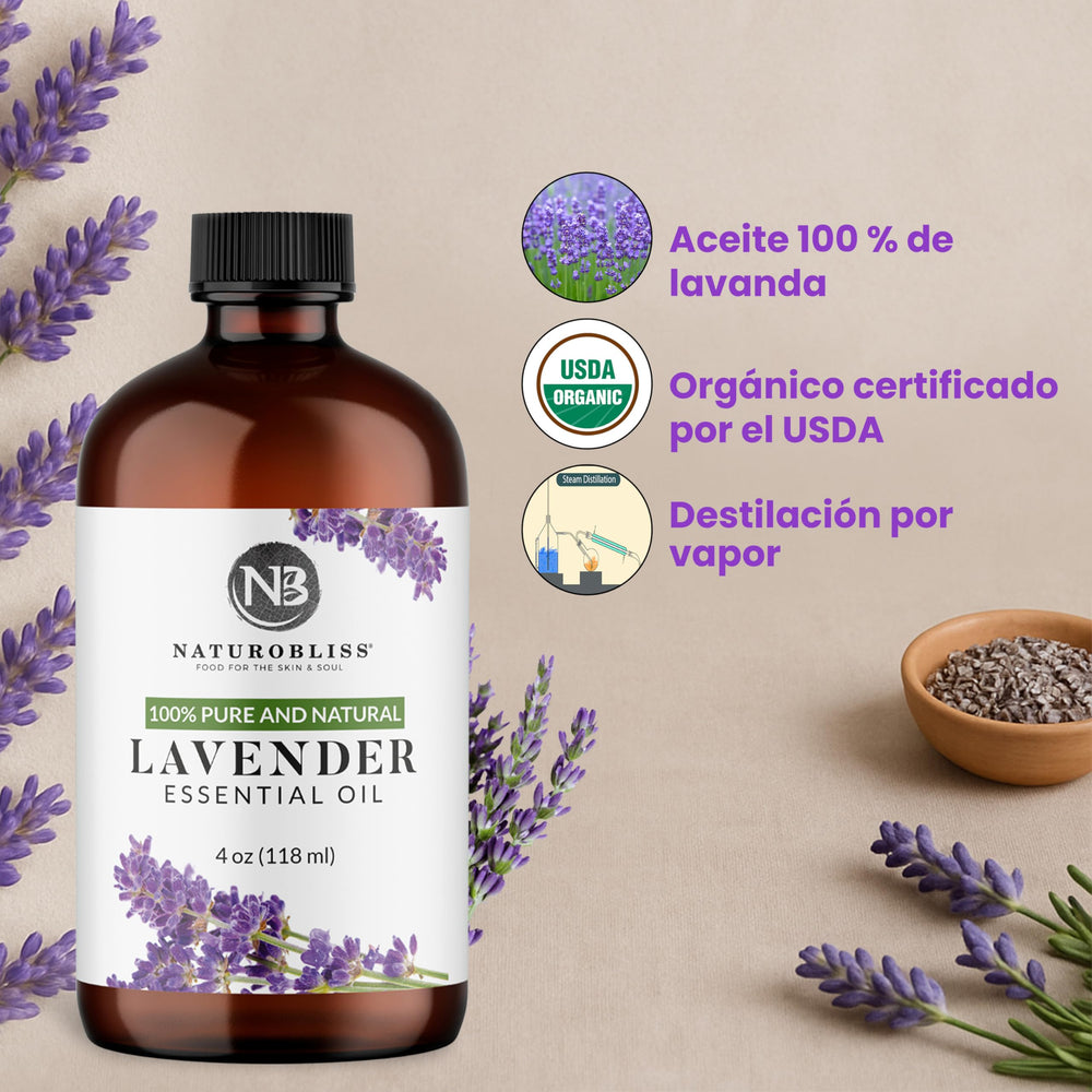 Aromatherapy setup featuring NaturoBliss lavender essential oil