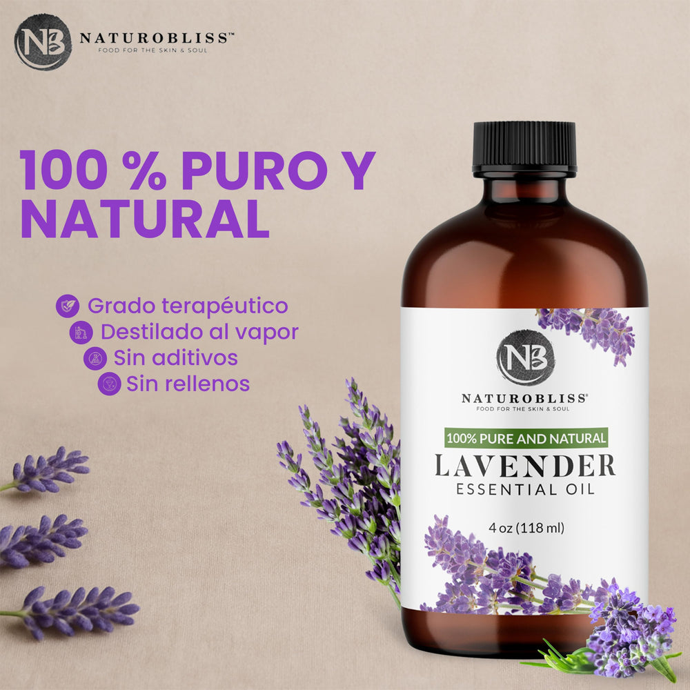 Amber glass bottle of NaturoBliss lavender oil with dropper