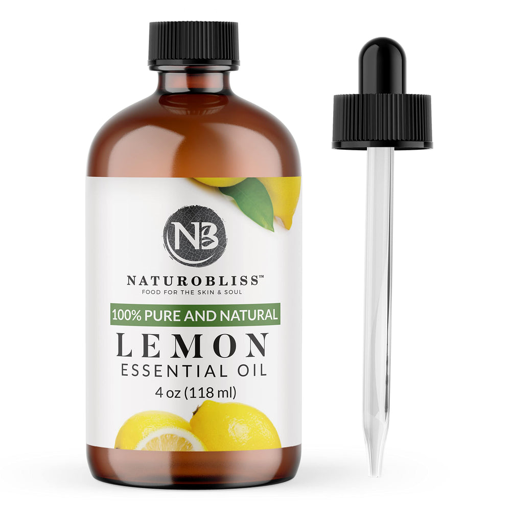 NaturoBliss lemon essential oil 4 oz in amber glass bottle with dropper
