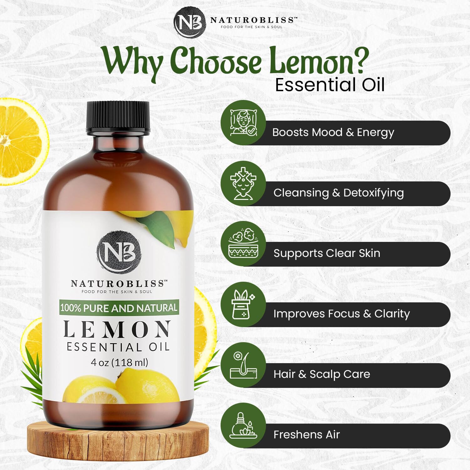 Therapeutic grade NaturoBliss lemon essential oil label