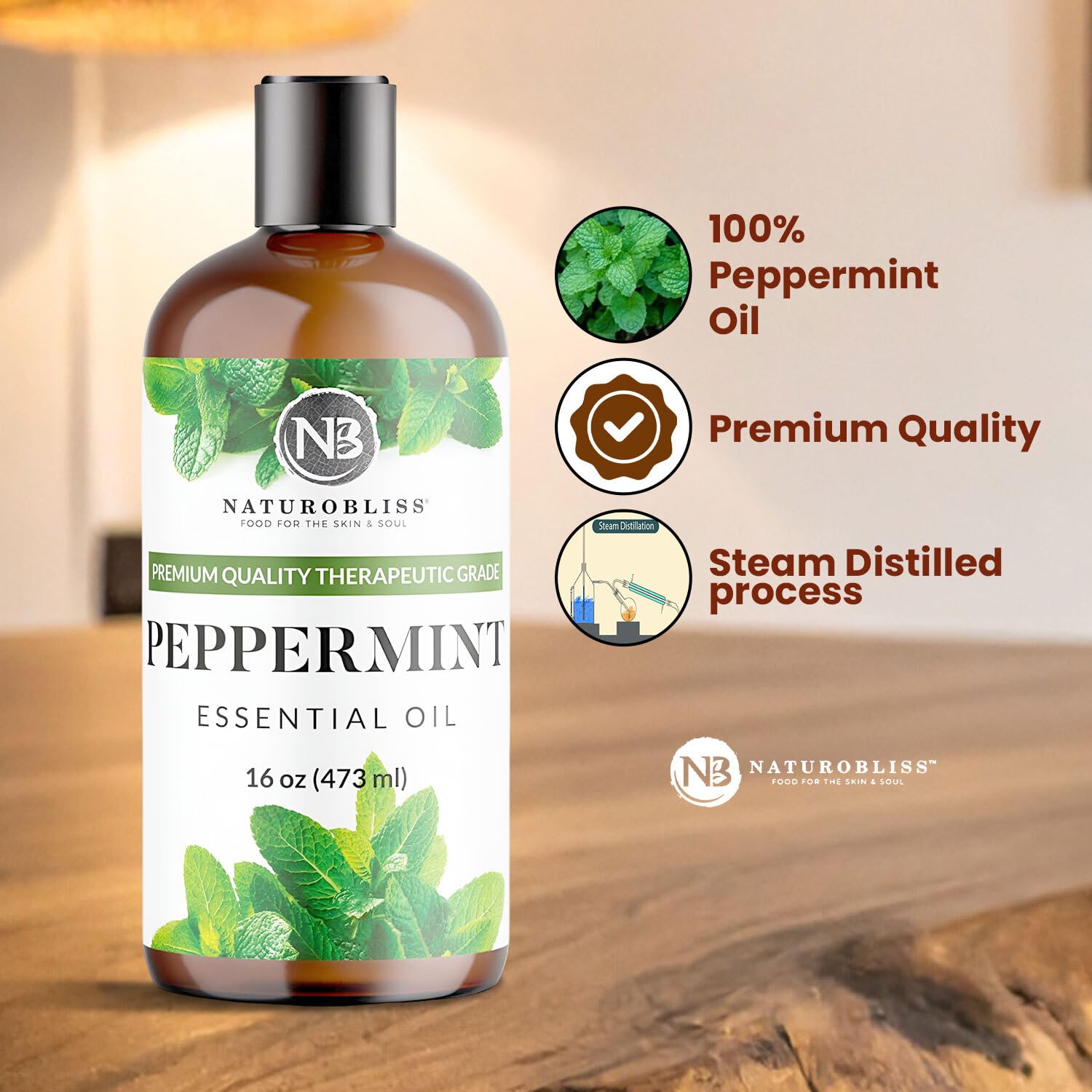 Ingredients and purity details on NaturoBliss Peppermint Oil label