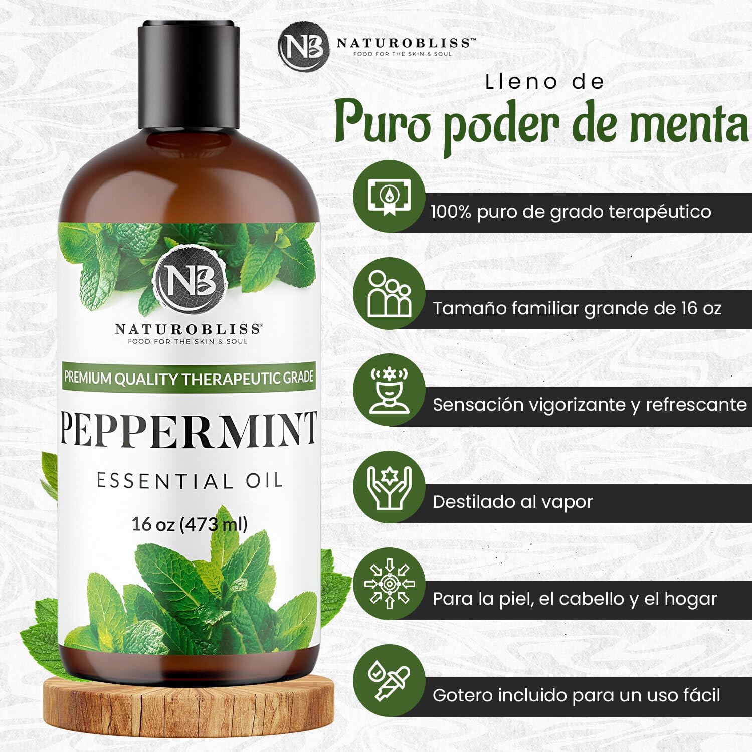 Close-up of NaturoBliss Peppermint Essential Oil label