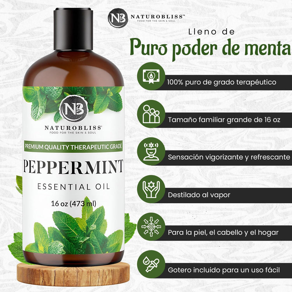 Close-up of NaturoBliss Peppermint Essential Oil label