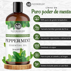 Close-up of NaturoBliss Peppermint Essential Oil label