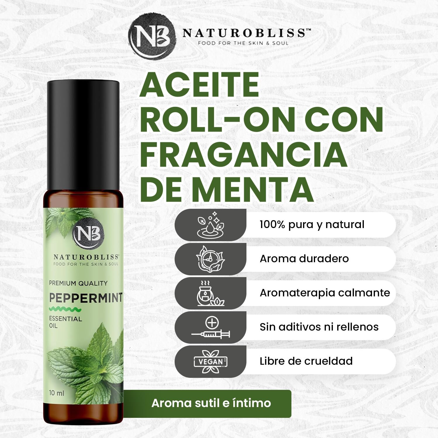 Close-up label showing 100% natural peppermint on NaturoBliss Roll-On 10 ml
