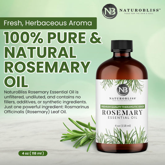 Dark glass bottle of NaturoBliss rosemary essential oil