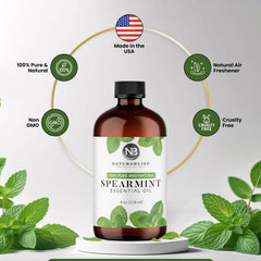 Product label showing 100% Pure Spearmint Essential Oil