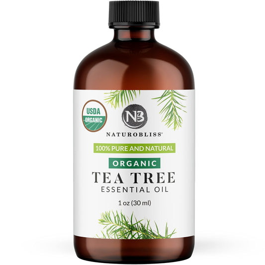 NaturoBliss Tea Tree Essential Oil bottle with dropper cap