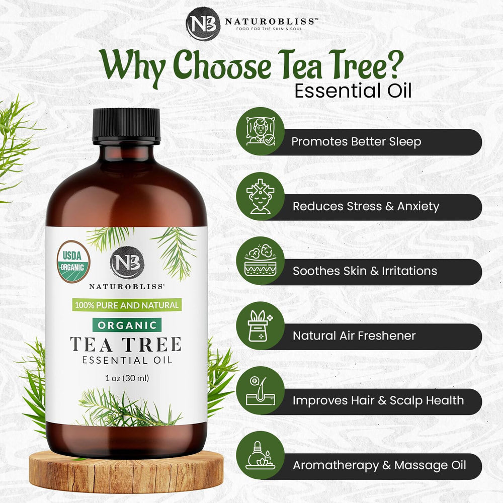 Amber glass bottle of 100% pure tea tree oil