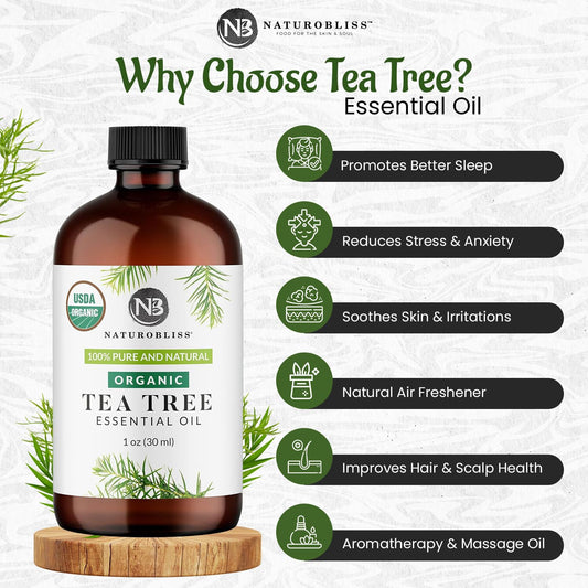 Amber glass bottle of 100% pure tea tree oil