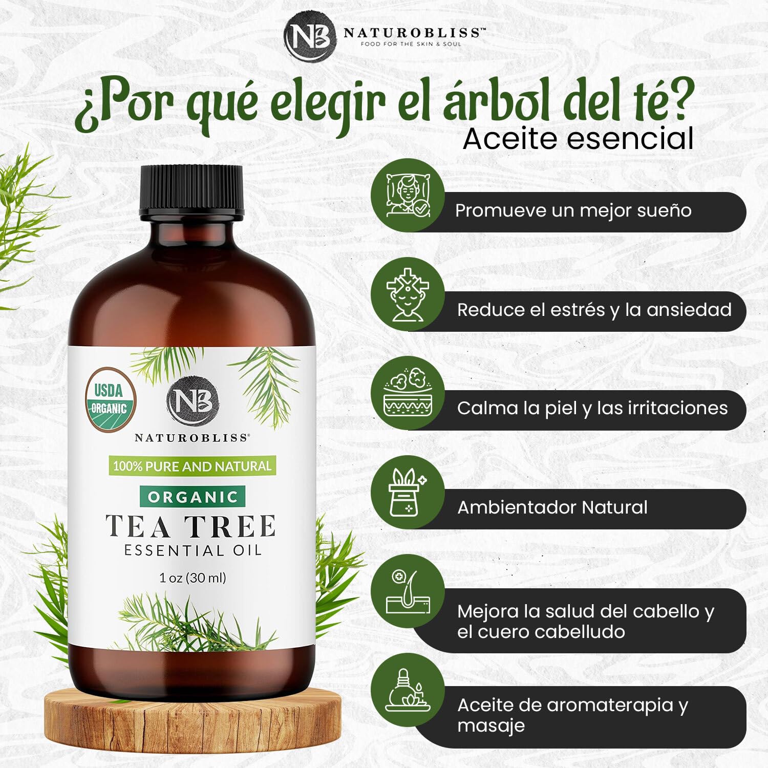 Label reading 100% Pure Organic Tea Tree Oil