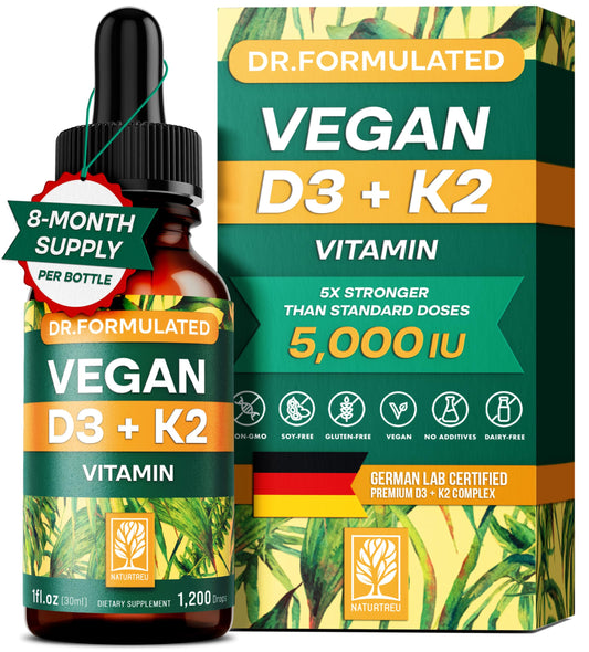 Bottle of NATURTREU vegan Vitamin D3 K2 liquid drops with MCT oil