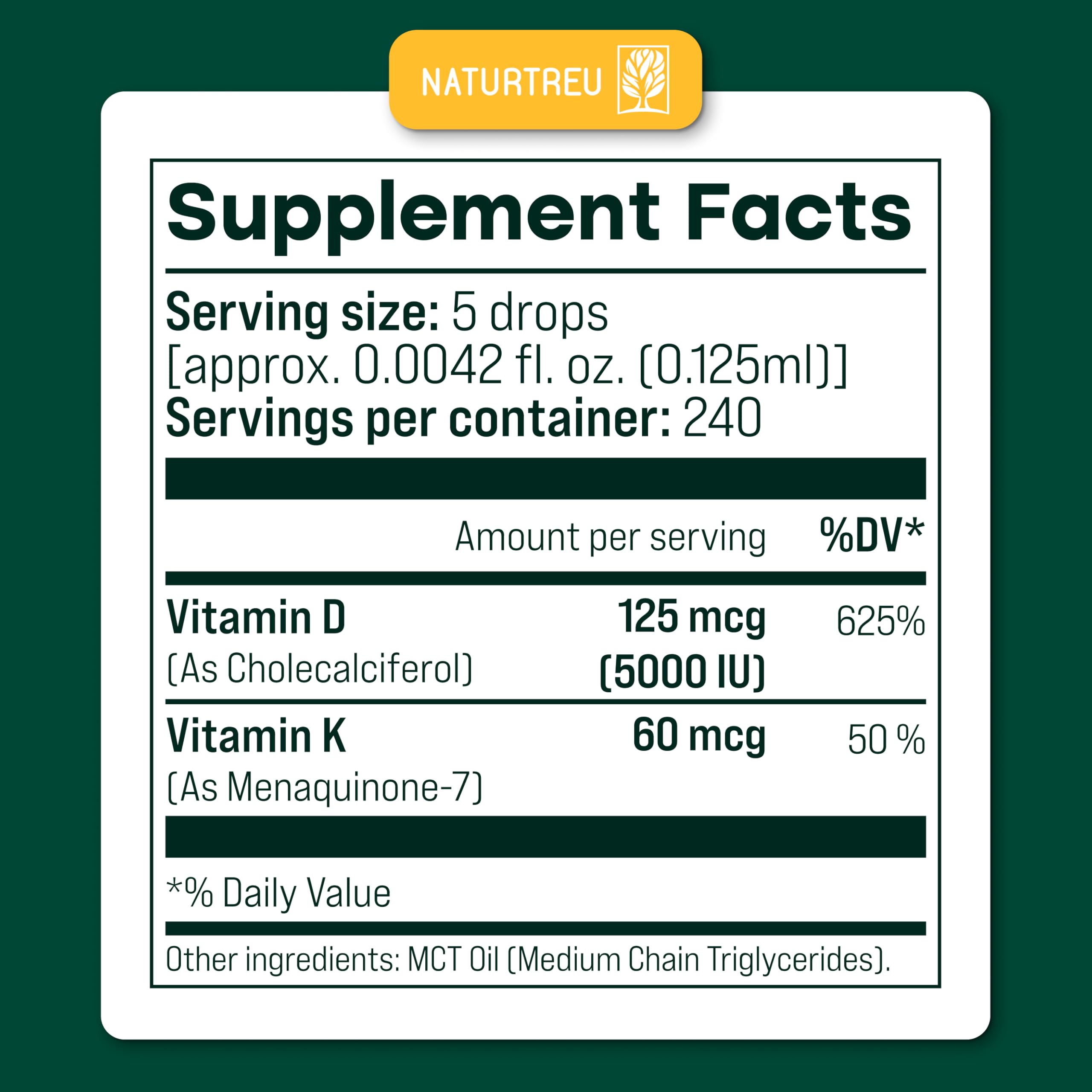 Close-up of NATURTREU D3 K2 liquid drops bottle