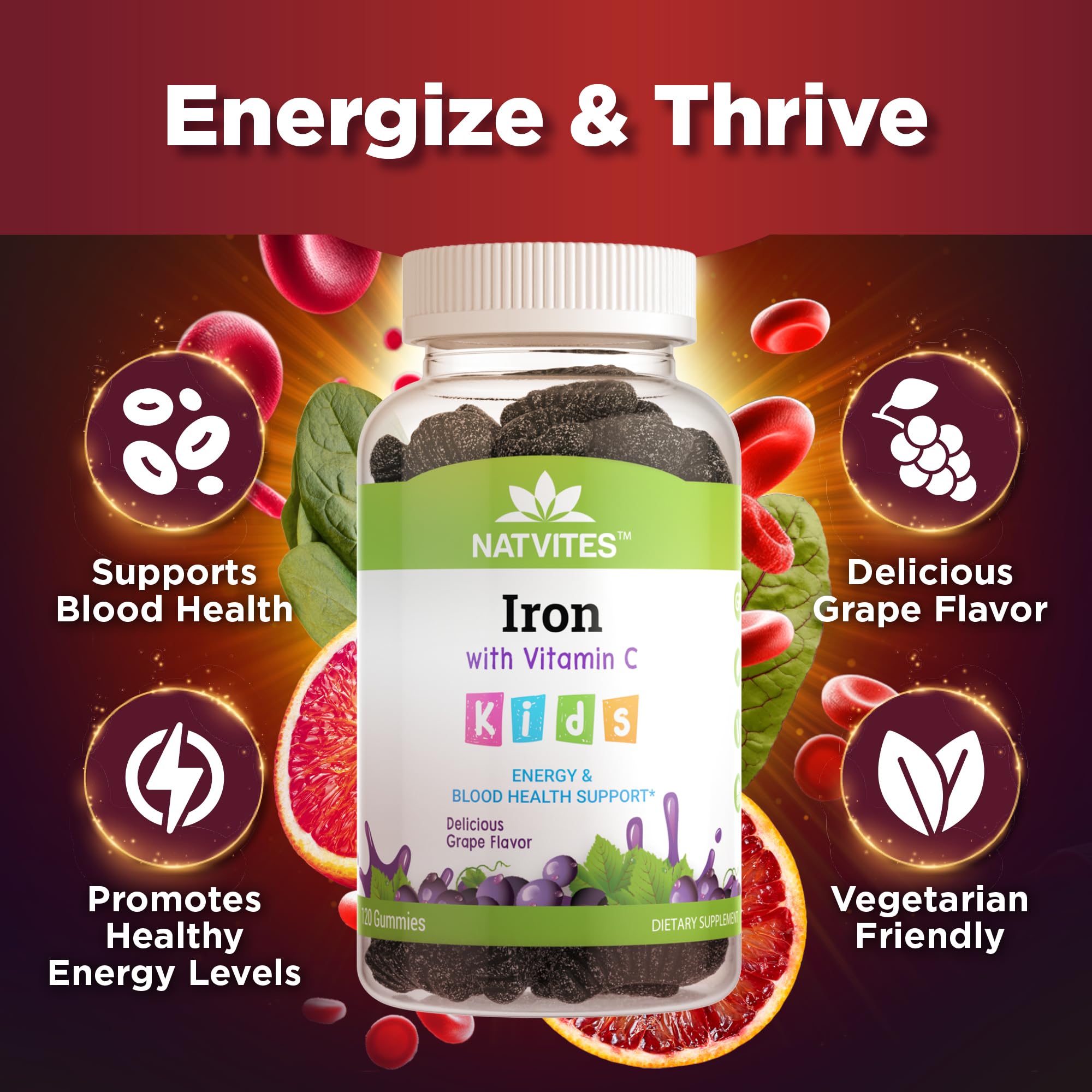 Illustration of iron and vitamin C ingredients for kids gummies