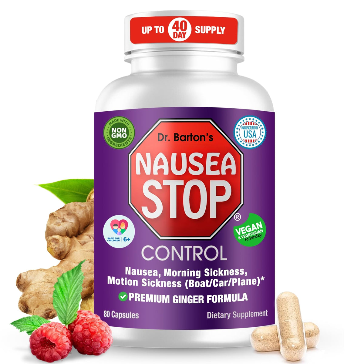 Bottle of Nausea Stop ginger pills for nausea relief