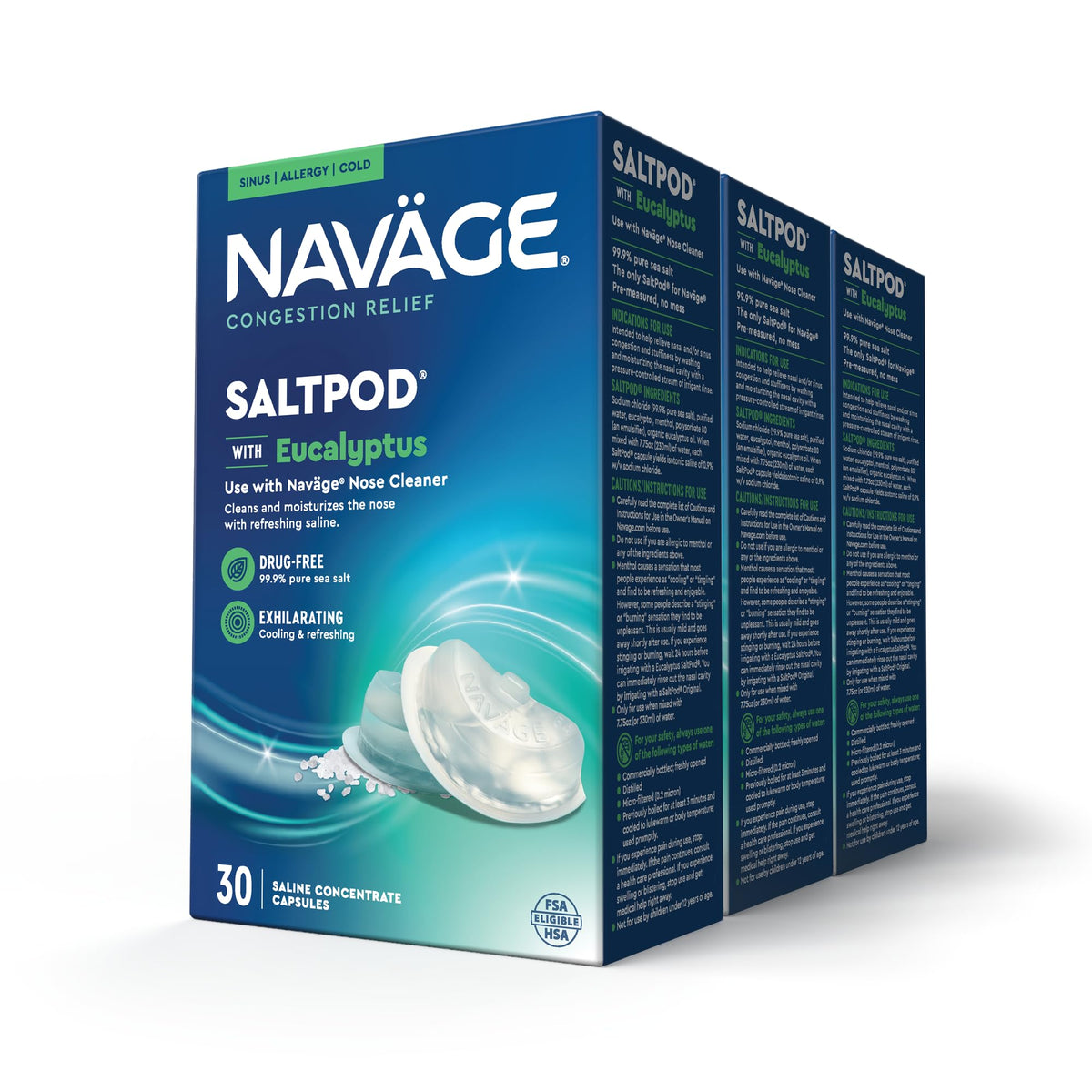 Navage eucalyptus saltpod capsule ready for use with quick nasal rinse.