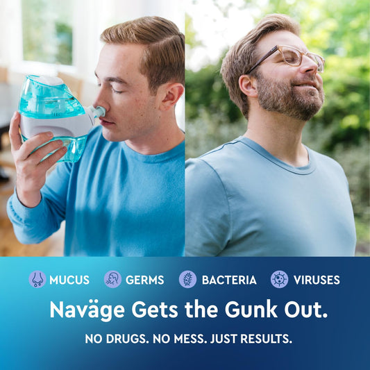 Navage irrigation system shown in clean setup for drug-free nasal relief at home.