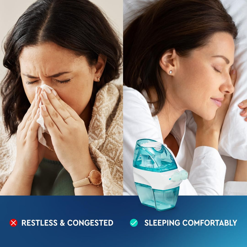 Navage sky blue travel bag image illustrates portable kit for on-the-go relief.