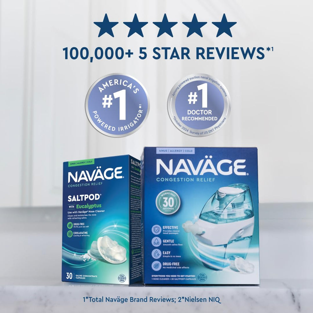 Navage use at night with eucalyptus saltpods for smoother breathing and better sleep.