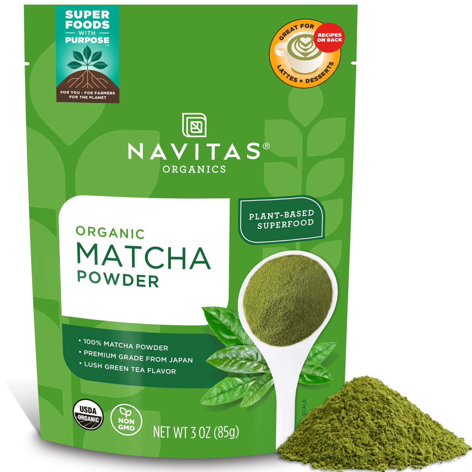 Navitas Organics Matcha Powder 3oz bag with 85 servings
