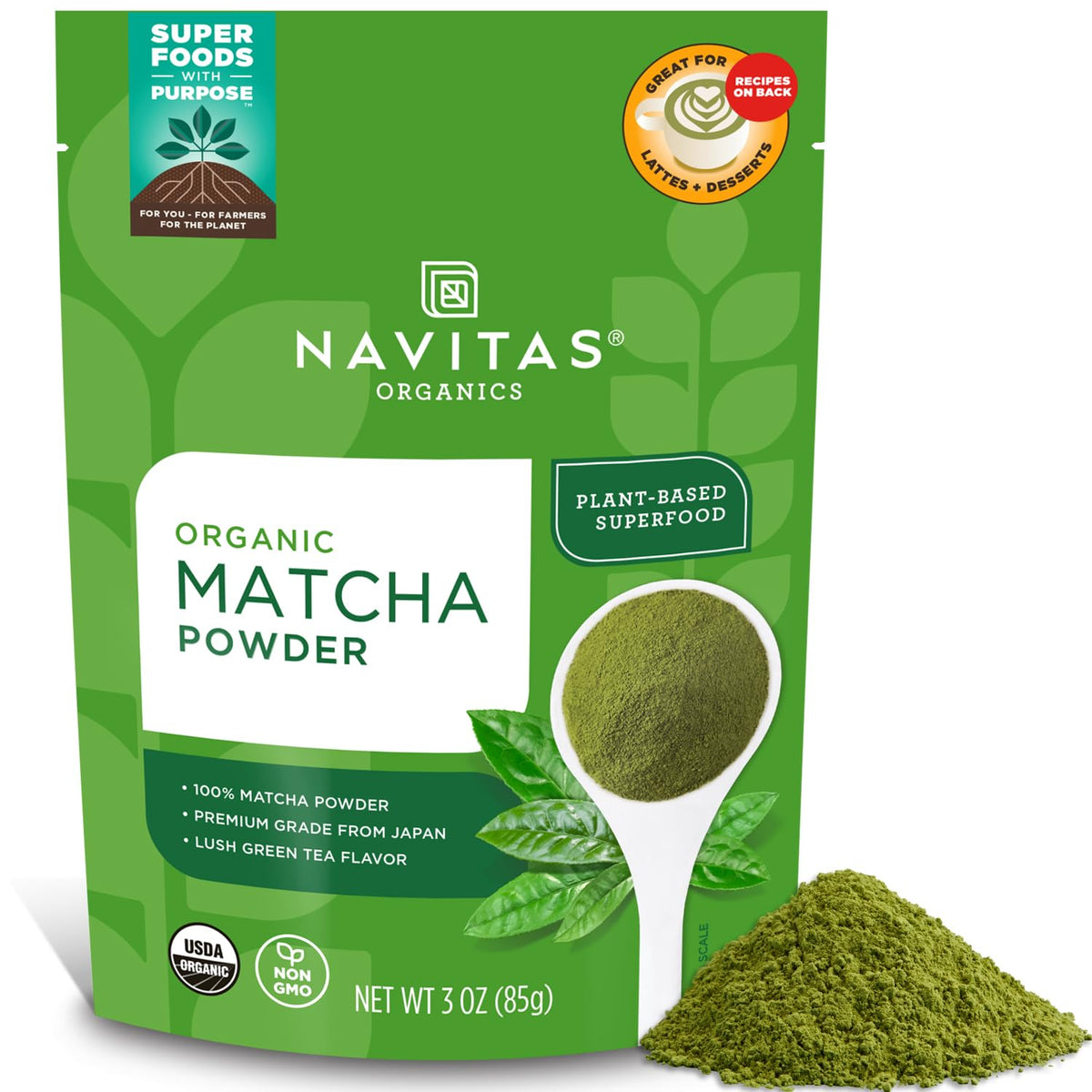 Navitas Organics Matcha Powder 3oz bag with 85 servings